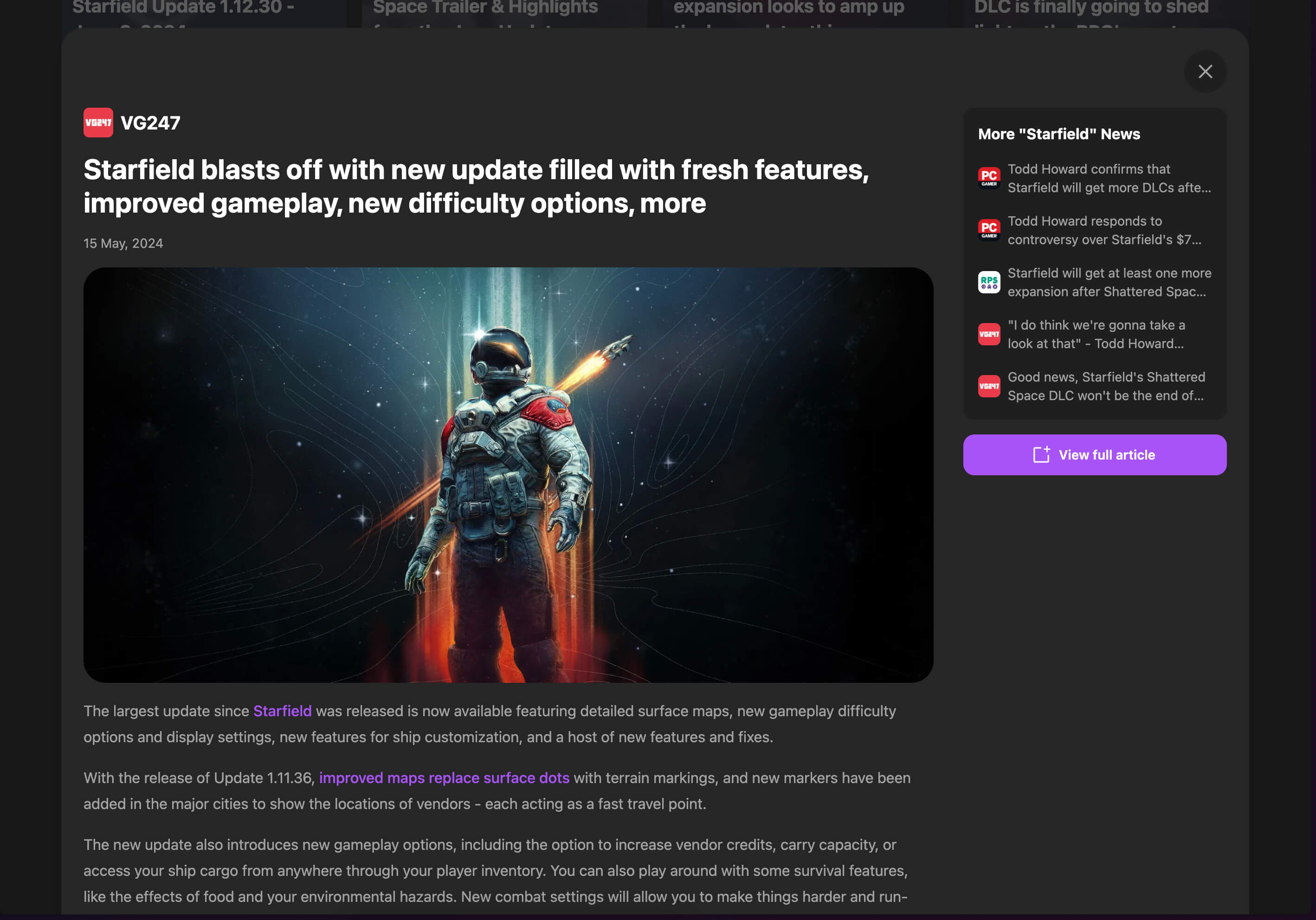 News modal for a Starfield post from VG247