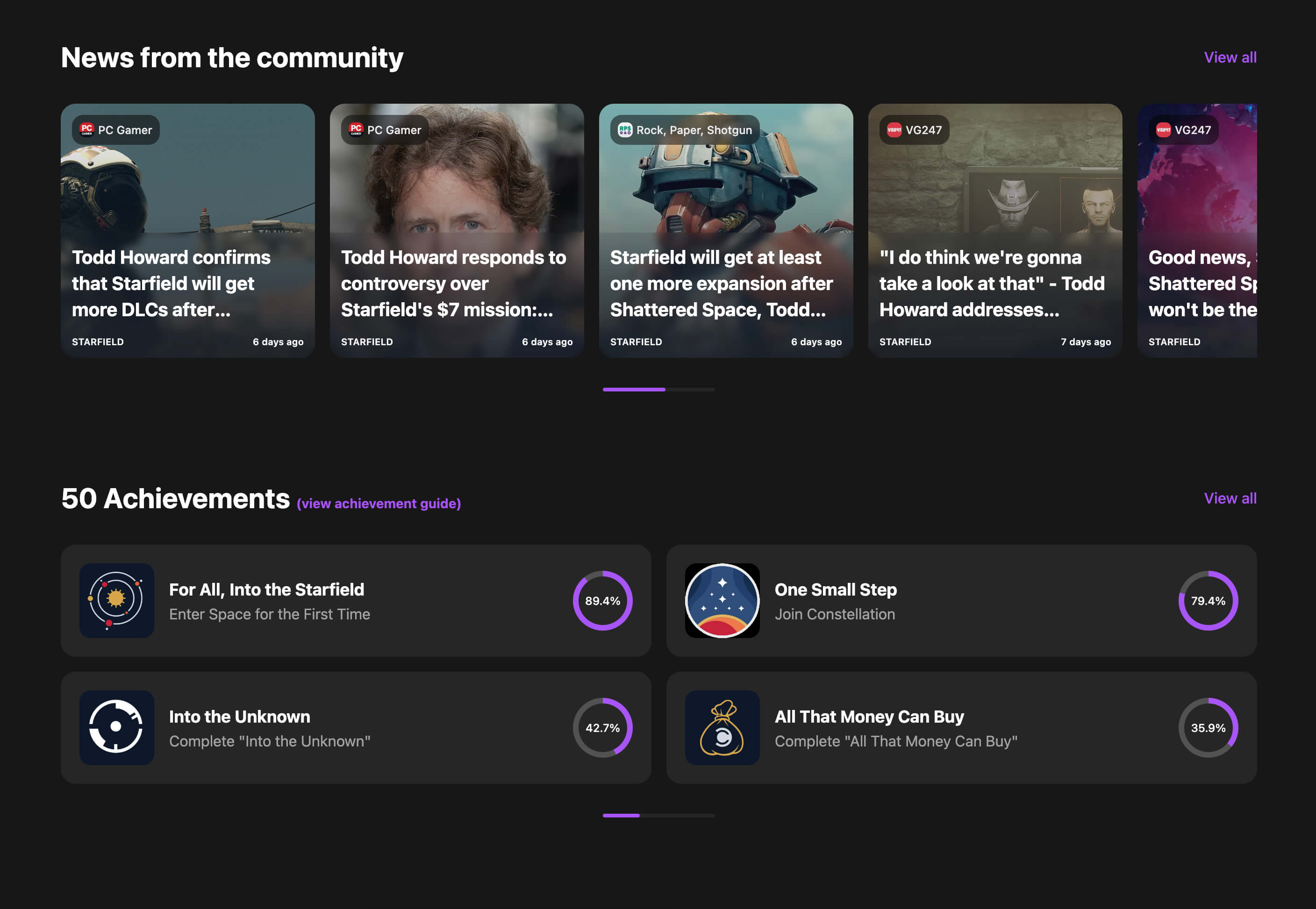 Starfield game page with news and achievements feature blocks